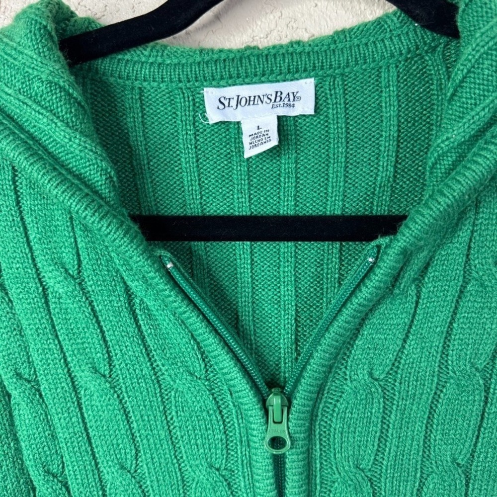 St. John's Bay Cable Knit Hooded Cardigan Sweater Women L Green Preppy Old Money - Picture 3 of 12
